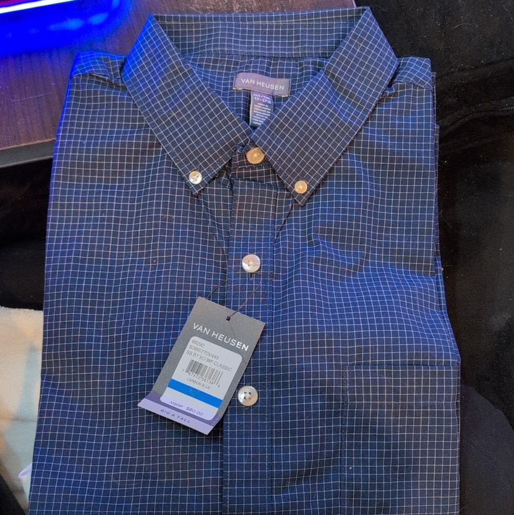 Van Heusen Big & Tall XLT 17-17.5 32/33 Classic Check Wrinkle Resistant Blue